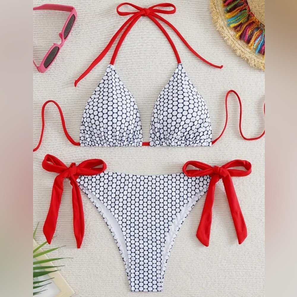 Honeycomb Halter Red Accent Tie Sides Bikini Set